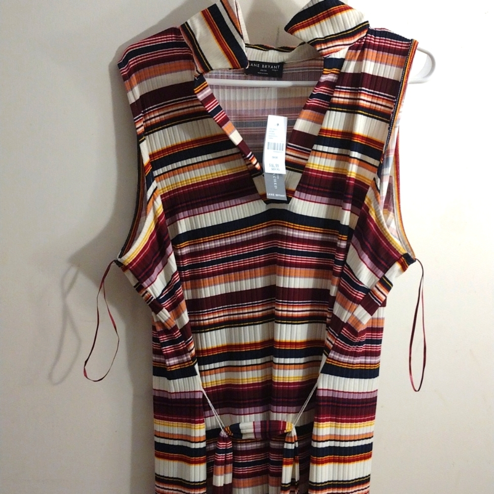 Lane Bryant Women's Striped V-Neck Sleeveless Dress - Maroon/Gold